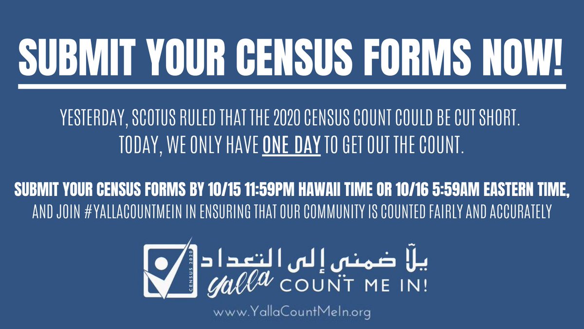 The census closes in less than 39HRS, and we ALL deserve to #GetCounted!

Join #yallacountmein, and submit your #2020CENSUS forms at the link below

2020census.gov