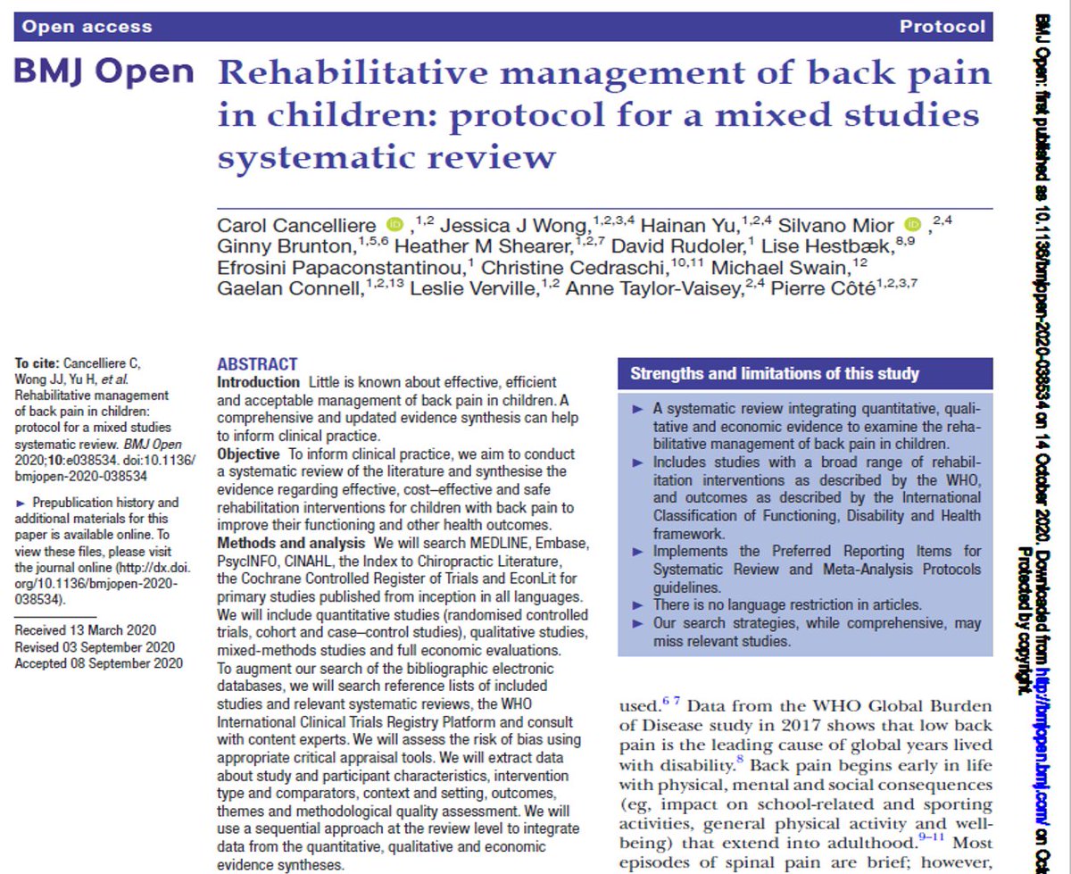 IDRResearch's tweet image. Congratulation to Carol Cancelliere, Jessica Wong, Hainan Yu, Silvano Mior, Ginny Brunton, Heather Shearer and the rest of the team on today's publication of this protocol in BMJ Open:
bmjopen.bmj.com/content/10/10/…