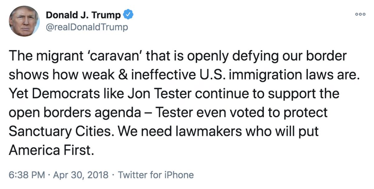 That same evening of April 30, 2018, President Trump tweeted about the migrant caravan:
