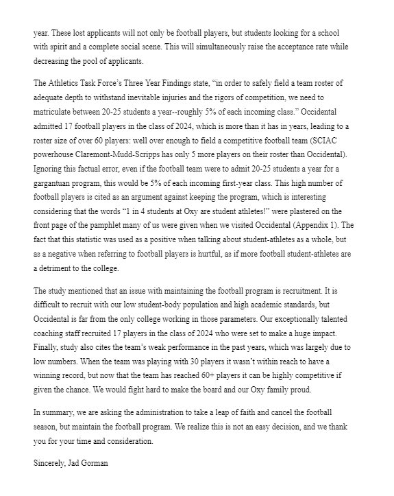 A letter to the Occidental Admin and AD Board. Cancel the season, not the program.
#saveoxyfootball