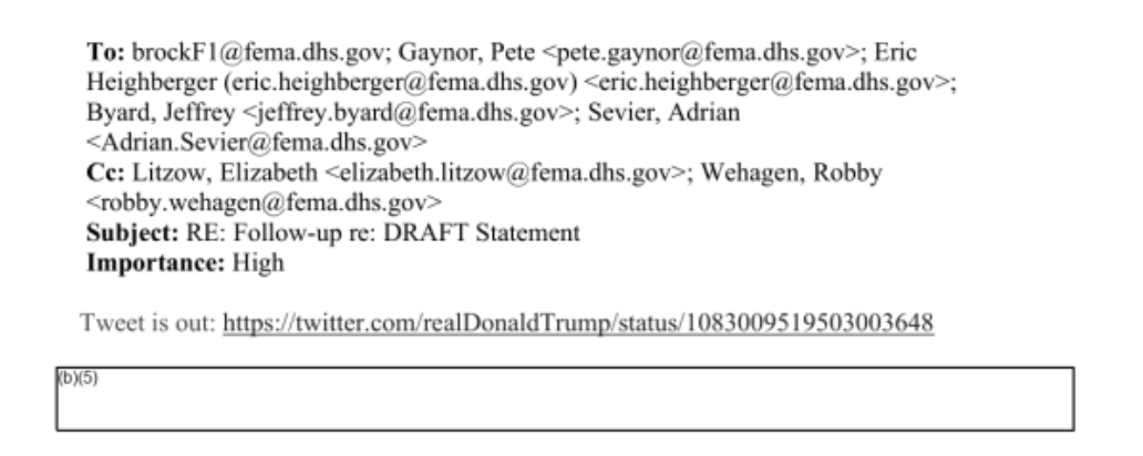 After Trump tweeted about FEMA on January 9, 2019, Jessica Nalepa, then FEMA’s Director of External Affairs, sent an email to top FEMA officials: “Tweet is out.” She linked to an earlier version of Trump’s tweet that misspelled “forest.”