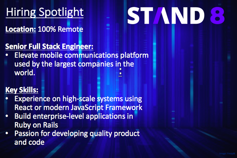 stand8io's tweet photo. Today we are putting a #hiring spotlight on a remote Senior Software Engineer.
Check out the official job posting for more information and to connect with a recruiter
https://t.co/LleBaT0GVl
#TechJobs #Hiring #WeSTAND8 #Remote #SoftwareEngineer #LoveWhereYouWork Wednesday https://t.co/NEZubvgZSR