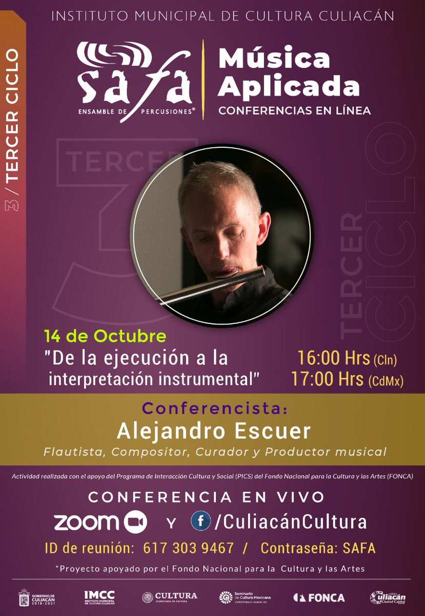 safapercussion (@safapercussion) on Twitter photo HOY 14 de octubre
17 hrs. Ciudad de México
16 hrs. Sinaloa
“De la ejecución a la interpretación instrumental” por:
<a href="/alejandroescuer/">alejandro escuer</a>
Flautista, compositor, artista multidisciplinario, curador y productor musical mexicano especializado en la clásica música contemporánea. HOY 14 de octubre
17 hrs. Ciudad de México
16 hrs. Sinaloa
“De la ejecución a la interpretación instrumental” por:
<a href="/alejandroescuer/">alejandro escuer</a>
Flautista, compositor, artista multidisciplinario, curador y productor musical mexicano especializado en la clásica música contemporánea.