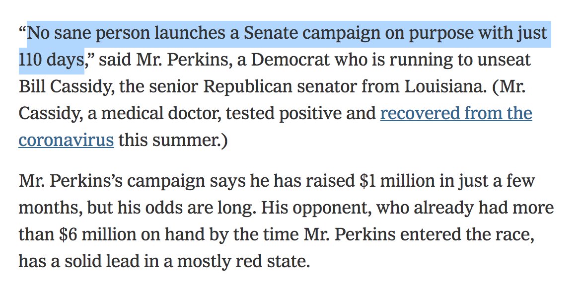 BenWessel's tweet image. I wonder if @ChrisMurphyCT twitter fundraising machine could do for @PerkinsforLA what its done for Gross, Peters, &amp;amp; co!

If Perkins keeps Cassidy under 50% in Nov, then it's a Dec runoff in #LASen! NYT says he's outraised 6to1. I bet we could change that: nytimes.com/2020/10/14/us/…