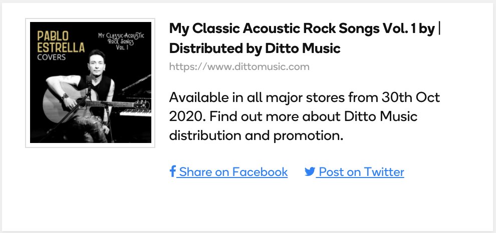 Este 30 de octubre se estrena mi disco de covers de rock acústicos en todas las plataformas digitales a través de <a href="/Dittomusic/">Ditto Music</a> Estén atentos! Abrazos