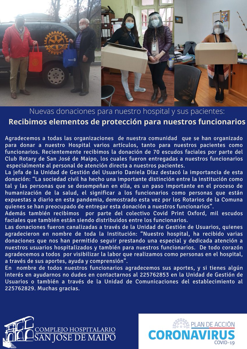 chsjm's tweet photo. agradecemos las donaciones que nos han efectuado a nuestro hospital especialmente de escudos protectores entregados por @CovidPrintOx y Rotary San José de Maipo https://t.co/ImNO1c6cJl