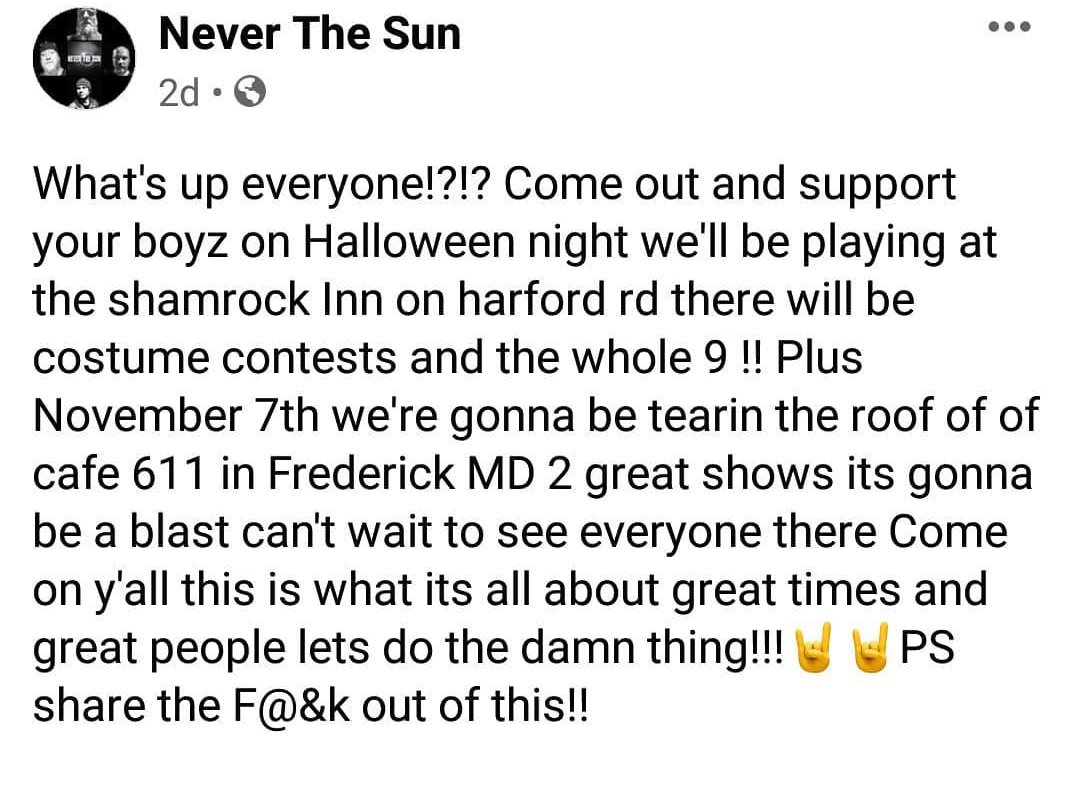 NeverTheSun1's tweet photo. 2 shows coming up🤘Come out and rock out with us🤘🤘#alternativemusic #metalmusic #kickassmusic #BaltimoreMaryland #neverthesun #nts https://t.co/SNKErJ545I