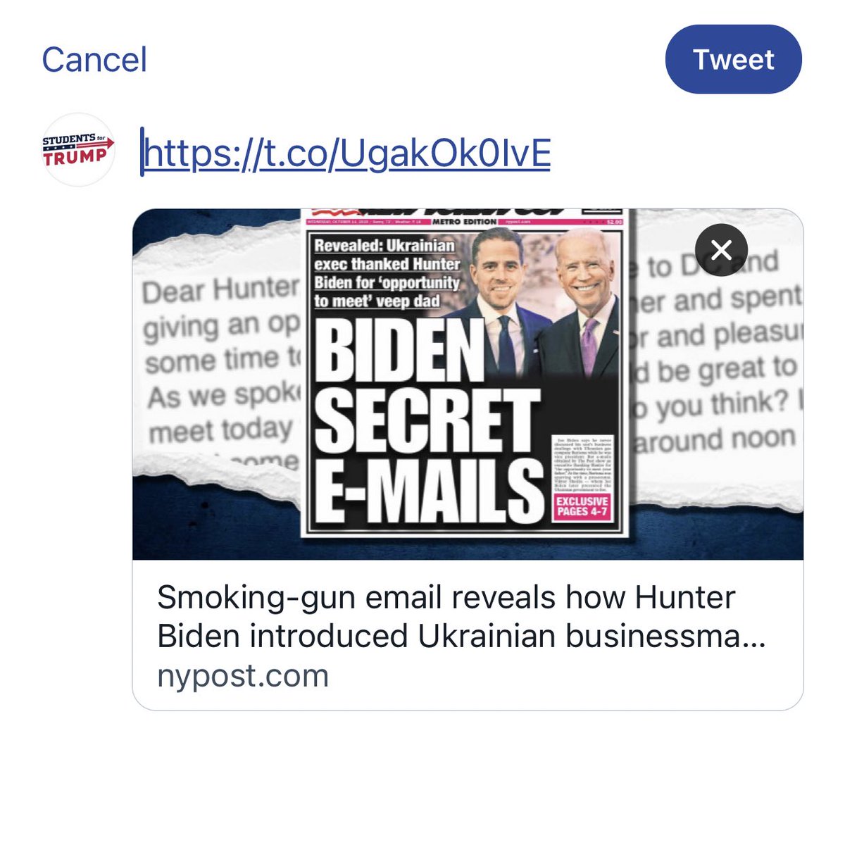 TrumpStudents's tweet photo. Wow. 

Twitter is actively suppressing the @nypost’s Biden-Ukraine article. https://t.co/gZ288aEkfd