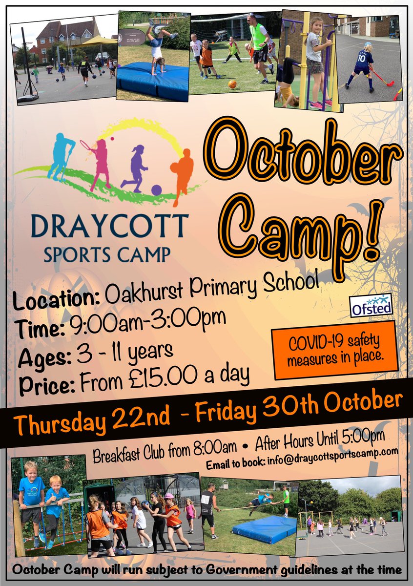 DraycottSportsC's tweet photo. Draycott Sports Camp are taking bookings for October Half Term! See below for details @AMCPS_Swindon @OakhurstSchool @HaydonleighPri1 @HaydonWickSch @OrchidValeSch @CWPSSwindon @TadpoleFarmCEPA @primaryferndale https://t.co/4Y7qMig8mZ