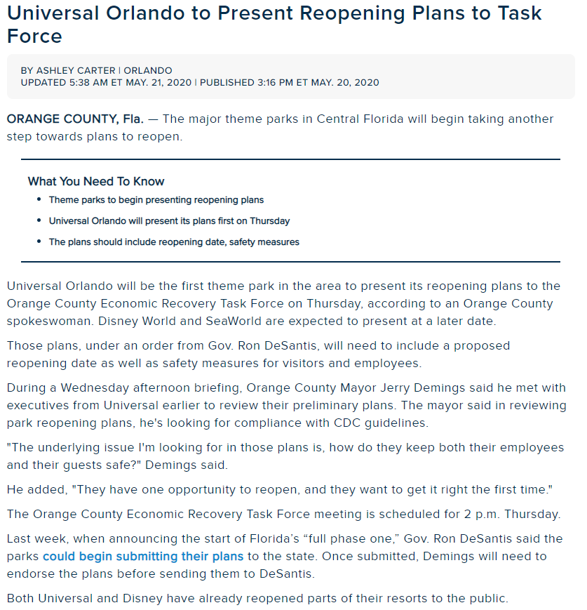 (09/60) The “3 Vs” was established as a guide, allowing for the reopening of a variety of businesses & modifications to others already open. Regarding theme parks, FL immediately took the charge w/ the Gov establishing a task force in cooperation w/ operators & local officials.