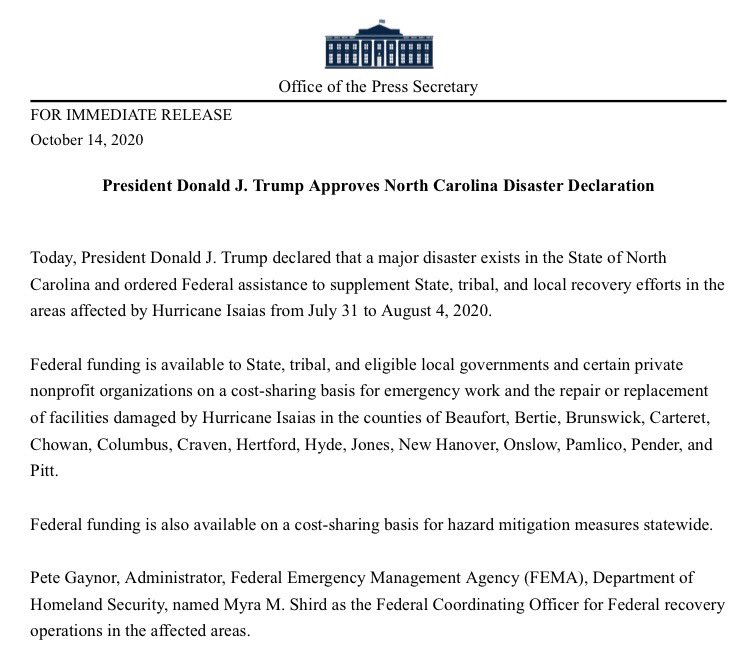 Thank you President <a href="/realDonaldTrump/">Donald J. Trump</a> for approving a disaster declaration for North Carolina following damage from Hurricane Isaias. #ncpol
