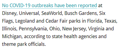 (17/60) Remarkably, even theme parks lacking Disney’s strict mitigation measures & policy enforcement also proved successful, nationally. Universal, SeaWorld, Busch Gardens, Six Flags, Legoland & Cedar Fair parks in FL, TX, IL, PA, OH, NJ, VA & MI have yet to report outbreaks.