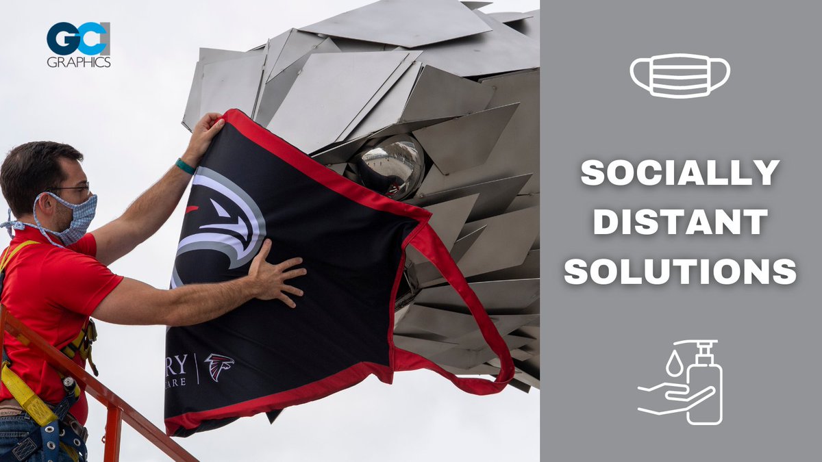 exploringgraphx's tweet image. Even the Falcons sculpture needs to be safe! Our extensive printing &amp;amp; sewing capabilities can meet the most challenging needs no matter the size or scale. This is just a part of our social distancing solutions for you! #GCIGraphics #GrandFormatPrinting bit.ly/2DXAsRF