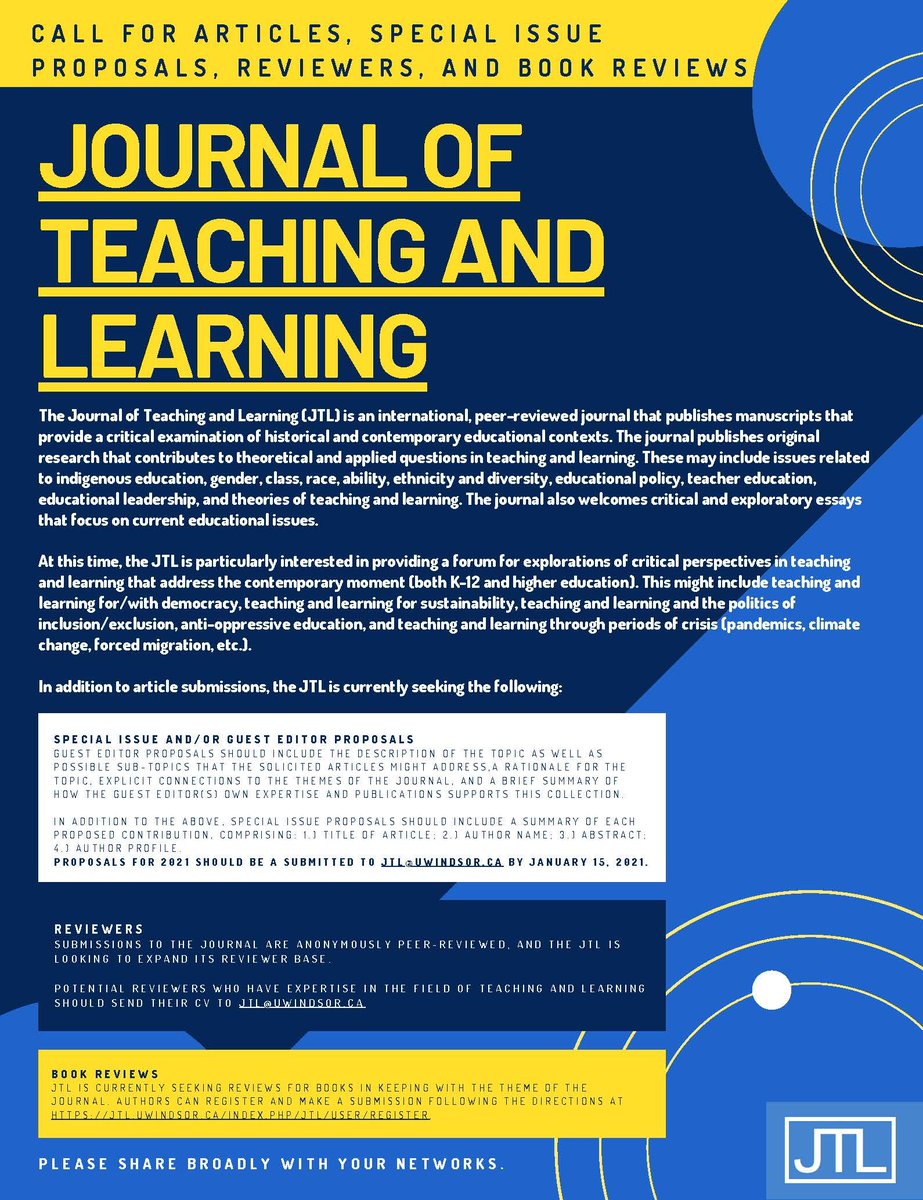 The Journal of Teaching and Learning (JTL) is delighted to distribute our call for special issue proposals, guest editors, reviewers and book reviews. Details are available here: jtl.uwindsor.ca/index.php/jtl/…