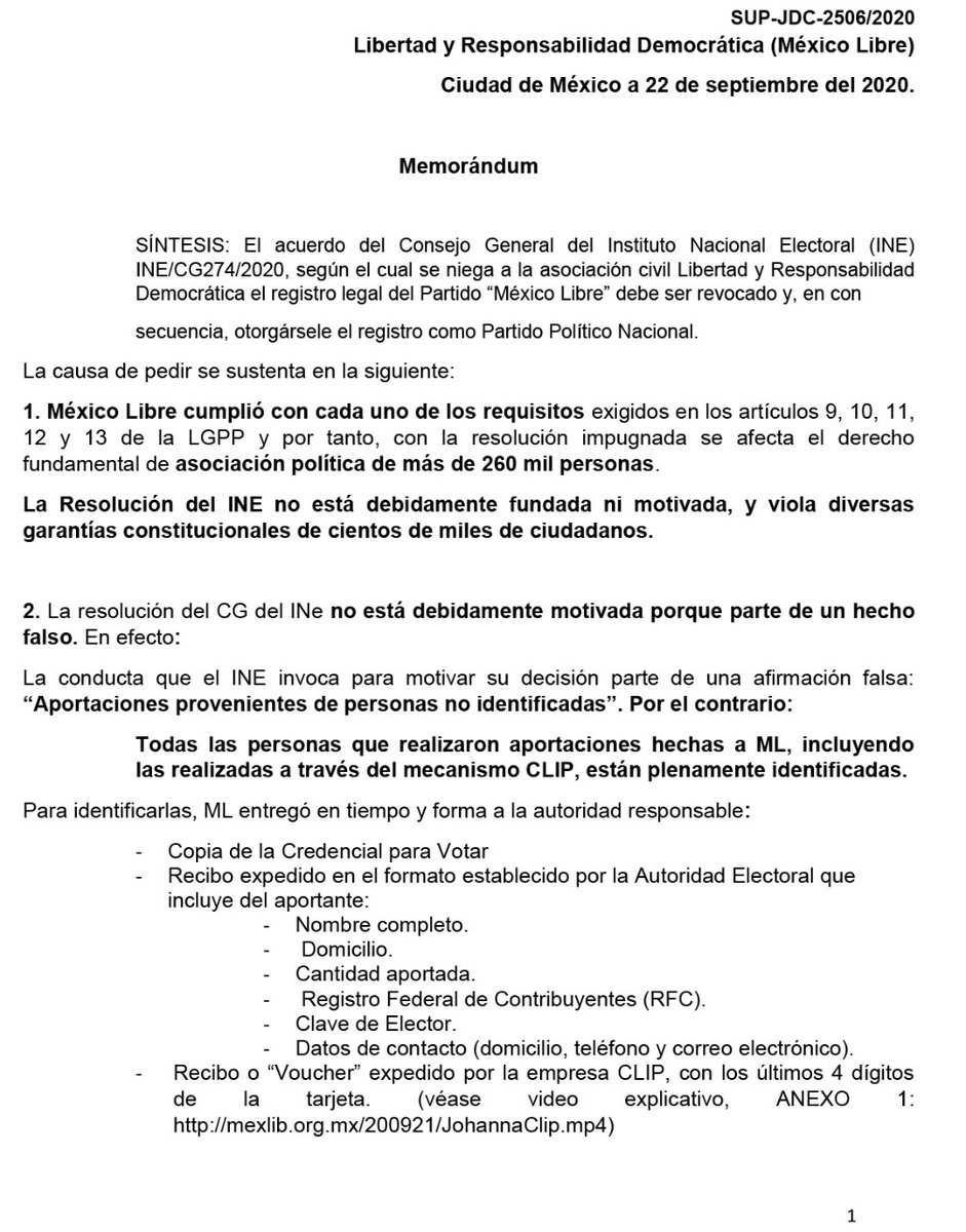 FelipeCalderon's tweet photo. @MexLibre_ presentó un sólido Juicio de Derechos Ciudadanos ante el @TEPJF_informa. Les comparto en varios tweets un memo que contiene los principales argumentos. Se simpatice o no con este partido político, es fundamental que en México prevalezca el Estado de Derecho. Abro hilo https://t.co/kNUdRFXmbY