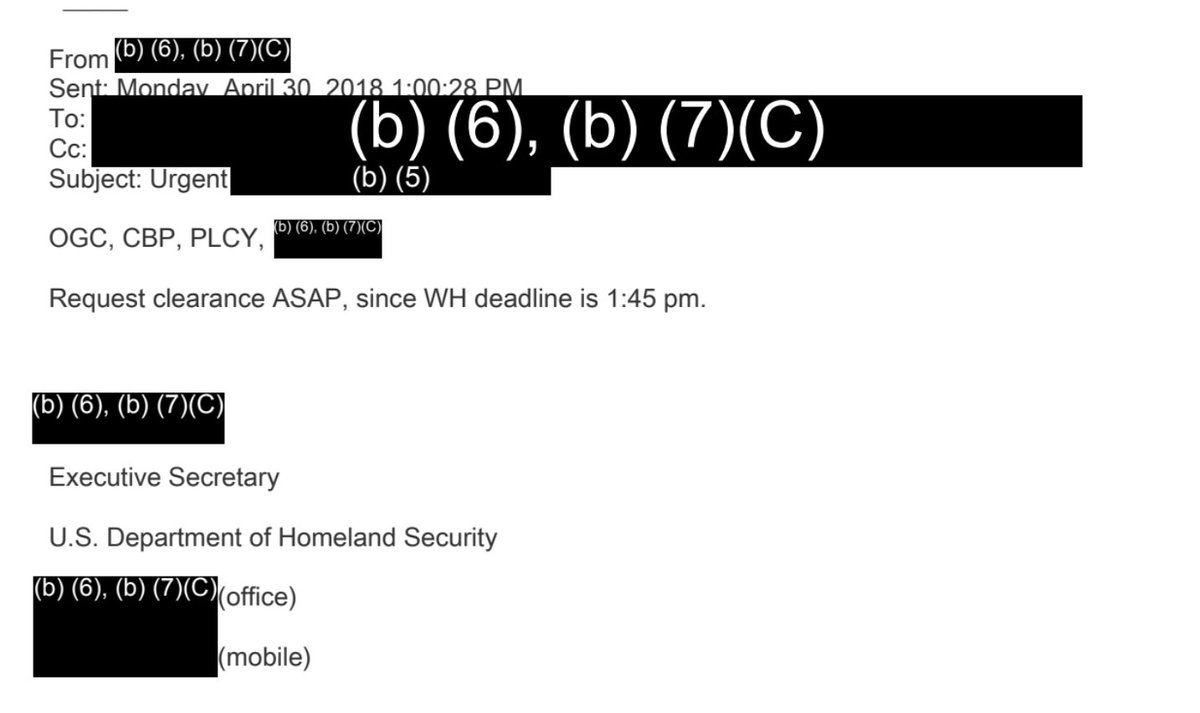 In an email titled “Urgent: [redacted],” an executive secretary at DHS requested “clearance ASAP, since White House deadline is 1:45 pm.” That email was then forwarded to a group that included Stephen Miller, Chad Wolf, and others.