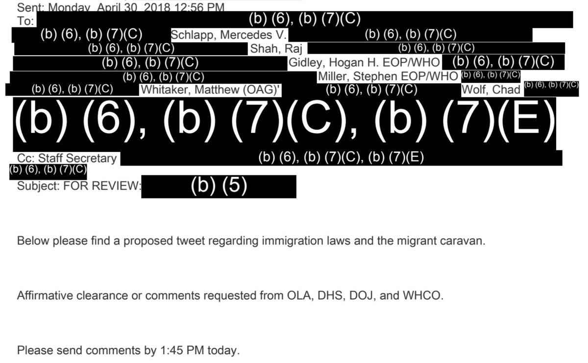 The first set shows DHS officials approved a tweet sent from President Trump’s personal Twitter account regarding the so-called migrant caravan on April 30, 2018.  https://www.americanoversight.org/document/cbp-records-regarding-communications-with-or-about-stephen-miller