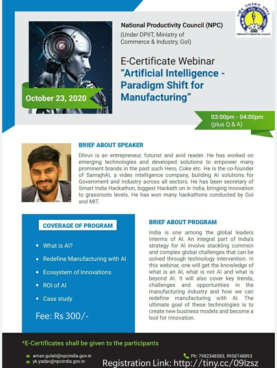 Join Webinar on “Artificial Intelligence-A Paradigm Shift in Manufacturing" and learn how #AI is going to revolutionize the Manufacturing Sector. 23 Oct ||3 PM
https://t.co/gkHOk0oxcf
@minmsme @DGT_MSDE @MSDESkillIndia @MsmeDepartment @BHEL_India @gailindia @beeindiadigital https://t.co/EiGYB1P7gQ