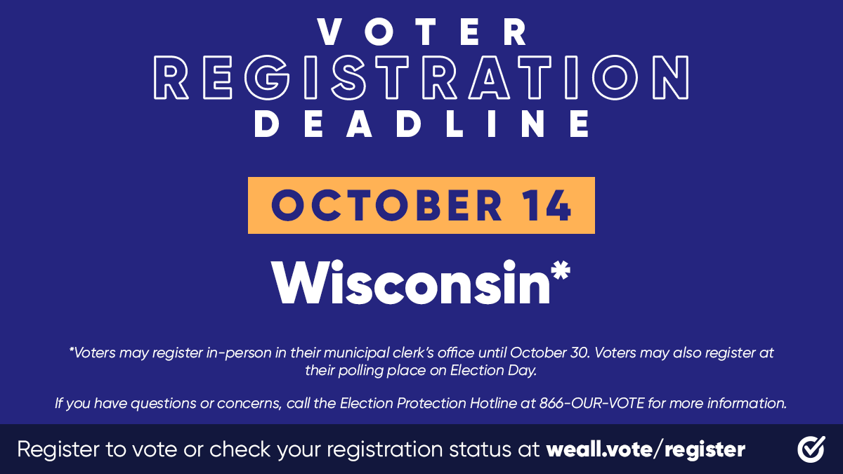 WhenWeAllVote's tweet photo. 🧀 WISCONSIN: Today is the last day to register to vote online or by mail.

Take care of it now and get registered to vote: https://t.co/FZtPx93oQy https://t.co/m4DyttezpL