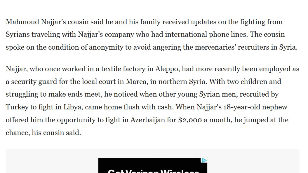Two other things from WaPo's reporting: 1) many of the mercenaries being sent to Nagorno-Karabakh aren't hardened fighters 2) they're being sent to the front immediately with little, if any, training. 1023/ https://www.washingtonpost.com/world/middle_east/azerbaijan-armenia-turkey-nagorno-karabakh/2020/10/13/2cdca1e6-08bf-11eb-8719-0df159d14794_story.html