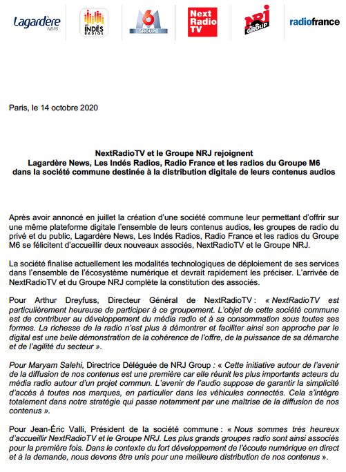 LesIndesRadios's tweet photo. NextRadioTV et le Groupe NRJ rejoignent la société commune destinée à la distribution digitale de leurs contenus audios https://t.co/SIO3D1K5LF