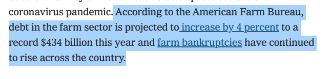 These are common industry talking points but they're misleading (as any journalist who spent more than 5 minutes research the issue would have discovered). Yes, farm debt is at an all-time high, but so is farm wealth. That's what years of steady growth does.