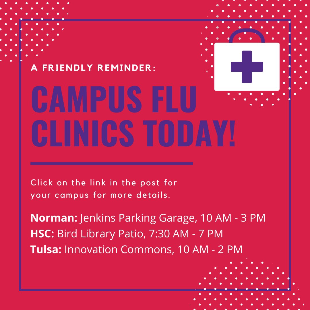 Get your flu shot today! Norman details 👉 ow.ly/T6Ik50BSl3p ... HSC details 👉 ow.ly/l8wv50BSlb9 ... Tulsa details 👉 ow.ly/6dcz50BSlgt