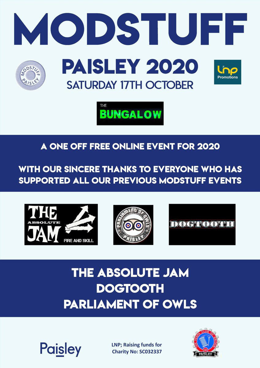 Confirming Saturday's MODSTUFF 2020 ONLINE FREE AT <a href="/BungalowPaisley/">The Bungalow</a>  bands - all in the can now being edited into a proper show 🙂
Parliament of Owls
Dogtooth band
The Absolute Jam
Don't forget its to raise funds for <a href="/mariecurieuk/">Marie Curie</a> Here: justgiving.com/Julesthelegens