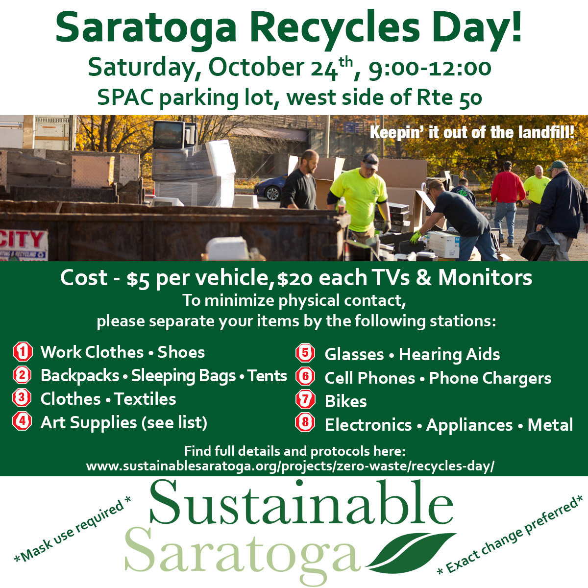 SustainSaratoga's tweet photo. Saratoga Recycles Day on Oct 24 will be accepting Art Supplies for Transitional Services Association. $5 entrance fee and $20 fee per TV and monitor (limit 4 TVs) Masks are required. https://t.co/MUmY4jdR1A #SaratogaRecyclesDay2020 #TransitionalServices Association @TSAsaratoga https://t.co/gXil0uESP7