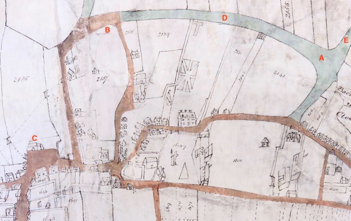 7. Here’s the earliest map of the village, made c1800, with the locations of each of the features marked on it, alongside the IS map of about 1900, so you can follow my explorations. The priory chapel is at C.