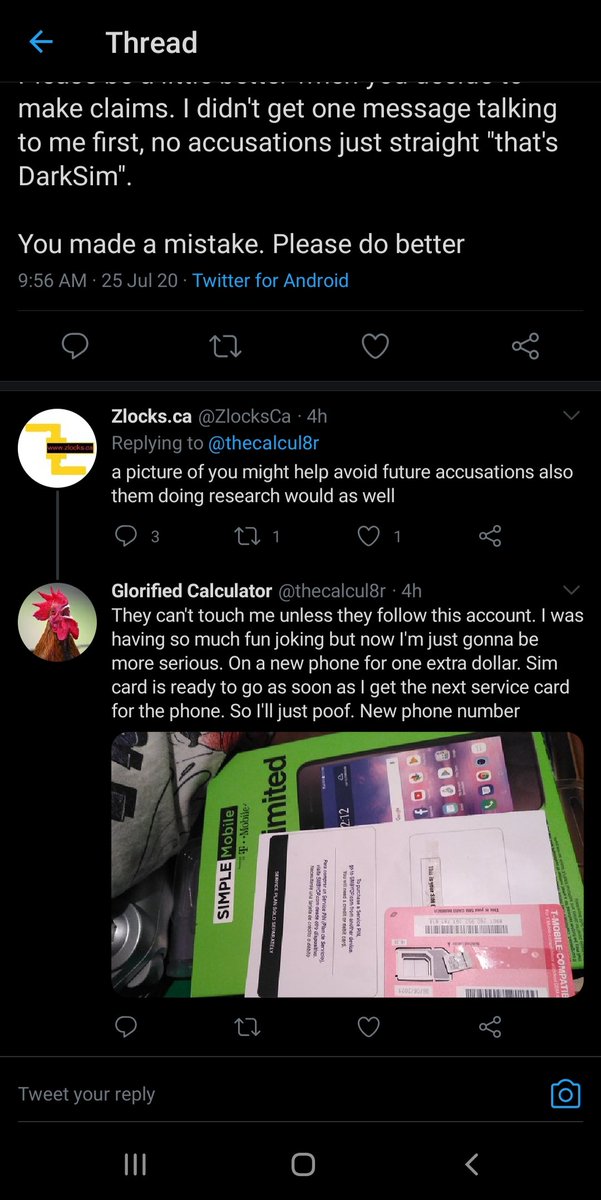 He uses a multitude of sock accounts he sets up on Twitter using multiple cheap android phones and sim cards. Here are multiple screenshots of taunts, and him flat out revealing his harassment infra and leaking his SIM cards ICCID. 4//