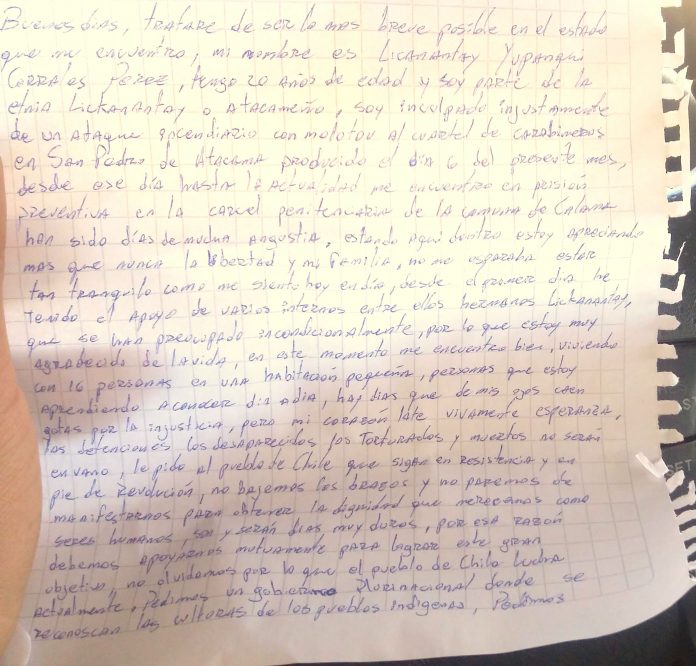 PaulinaAcevedoM's tweet photo. #Licanantai Corrales Pérez (20 años): “CUANDO LA TIRANÍA ES LEY, LA REVOLUCIÓN ES ORDEN”

Detenido en #dic2019 en #SanPedroDeAtacama y víctima de #montaje, este joven #indígena nos habla desde su #PrisiónPolítica por el Estado de #Chile

#18oct #18-0 #DDHH
https://t.co/PKdgHTlp1w https://t.co/ha4cVbMKZt