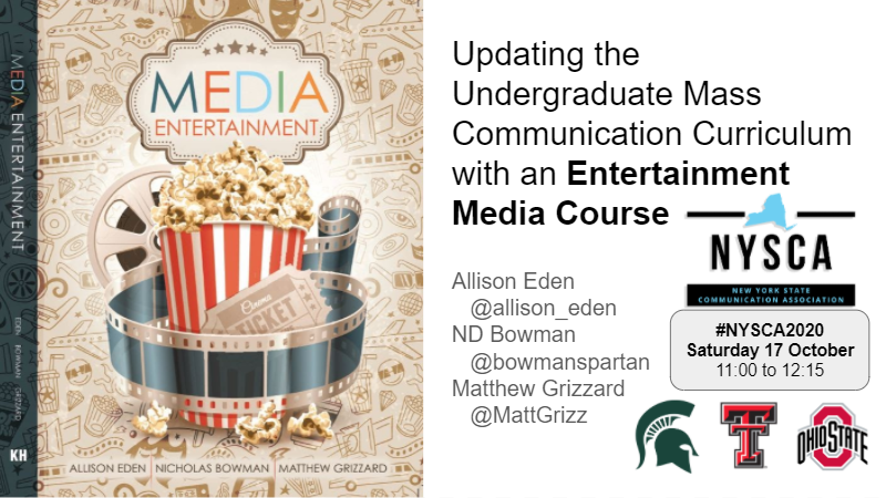 bowmanspartan's tweet photo. This Saturday, we're also pretty excited for our @nystatecomm short course on working media entertainment into the COMM curriculum. Myself + @allison_eden  + @MattGrizz will chat about our textbook, now with @KendallHuntHE: https://t.co/ogyPZj3mGP https://t.co/U220EJPfZi