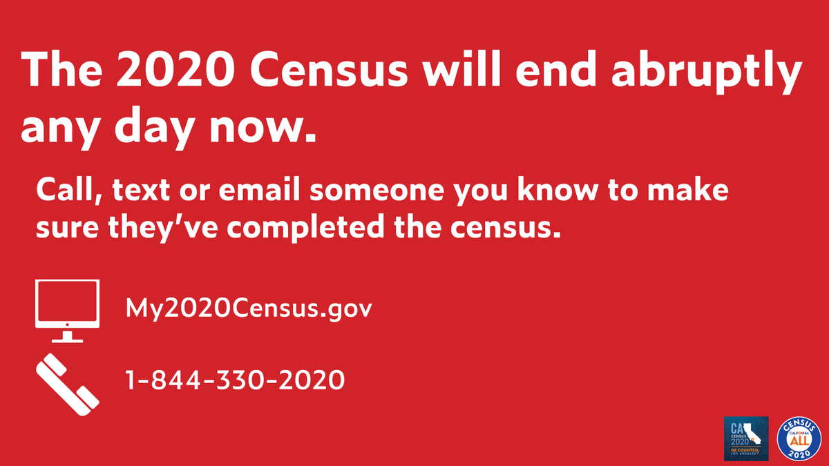 Red graphic with text providing information about filling out the census online or by calling 1-844-330-2020