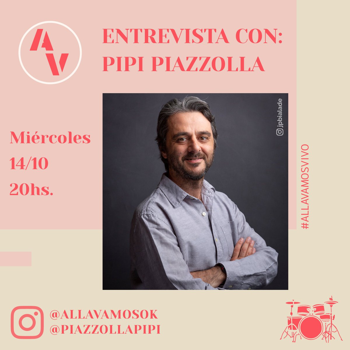 ⚡ ATENCION ⚡

Hoy es miércoles de #AllaVamosVivo ✨🎼

🍎 Invitado: Daniel "Pipi" Piazzolla (<a href="/pipipiazzolla/">Pipi Piazzolla</a>). Uno de los mejores bateristas de este continente. 🥁🐀

💥 [VIVO] 20hs x <a href="/allavamosok/">¡ALLA VAMOS!</a> 💥

#QuedateEnCasa #PipiPiazzolla #Escalandrum #RiverPlate #Entrevista #Argentina