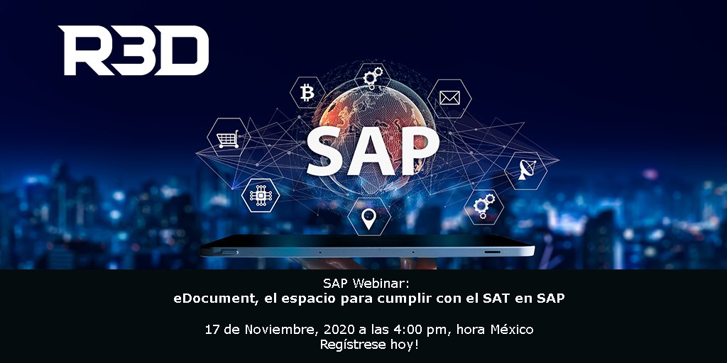 D4M_Int's tweet photo. Nuestro Webinar de SAP está de regreso! “eDocument, el espacio para cumplir con el SAT en SAP” será impartido en vivo el 17 de Noviembre a las 4:00 pm, hora México. Este webinar será en español. Contamos con ustedes! Regístrese hoy: https://t.co/xOVdH8DWg3 #SAP #R3DWebinars https://t.co/s3TZ0uIWNy
