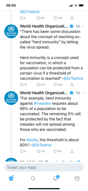 Let's have a look at this thread of lies by  @WHO.Yes,  #GBDeclaration is advocating for a Focused approach to managing the disease. Eventually herd immunity is reached whatever route you choose. It is not true that herd immunity can only be achieved through vaccines. 1/n  https://twitter.com/WHO/status/1315674531600588801