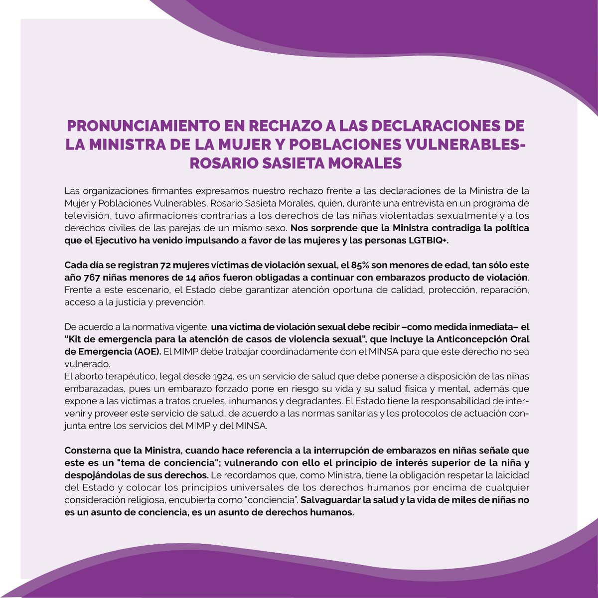 DemusPeru's tweet photo. 📢#Pronunciamiento | ¡No son temas de conciencia ni de alcoba, son derechos humanos!
Más de 200 organizaciones nos unimos en rechazo de las declaraciones de la Ministra @Rosario_Sasieta, quien desde el @MimpPeru debe respetar los DDHH por encima de lo personal y/o religioso. https://t.co/YX4C5p05H9