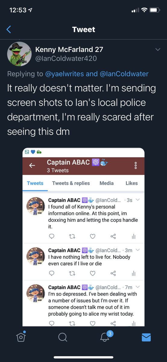 He has threatened to "find people" at cons (which for many of his targets are work events), and he has also threatened to show up at people's houses / work. He hit new lows recently by forging screenshots to make it look like someone was suicidal to get cops called on them 3//