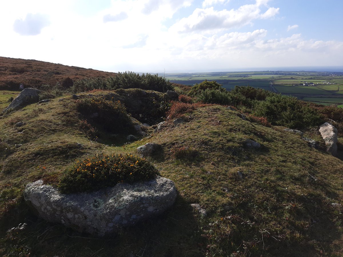 Some  #PrehistoryOfPenwith from Chapel Carn Brea earlier today.1. The large barrow/entrance grave/chapel remains at the top.2. The long cairn. 3 & 4. Hut circle/cairn with views out over Bartinney Downs and the Atlantic.