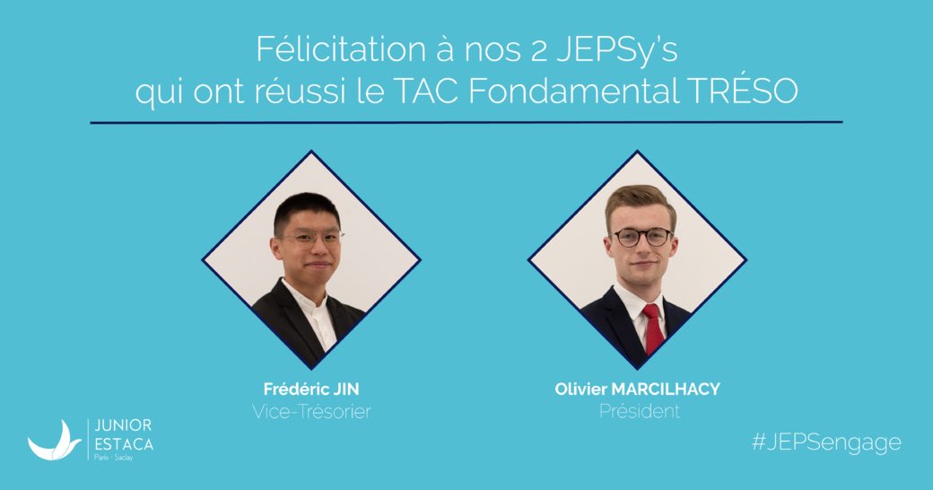 [TAC fondamental]

JEPS est fière de compter 2 de ses membres parmi les sélectionnés au TAC fondamental trésorerie.

 @O_Marcilhacy et Frédéric Jin

Félicitations à eux !

#JEPSengage #JEPS #WeAreJe #TAC