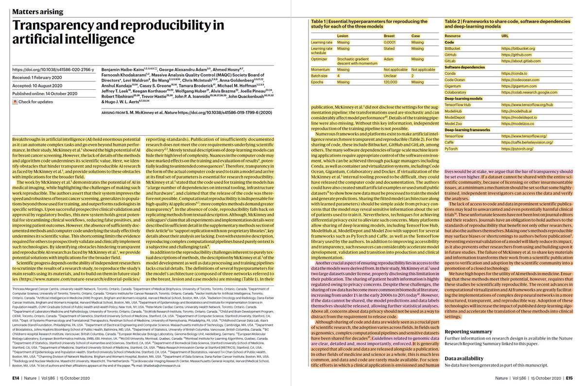 3/New is the  @GoogleHealth rebuttal, which I& #39;ll discuss next. But first let& #39;s look at our letter. Roughly, I& #39;ve highlighted in yellow parts discussing problems with insufficiently described methods and lack of code. Pink is parts about lack of data sharing. Orange discusses both.