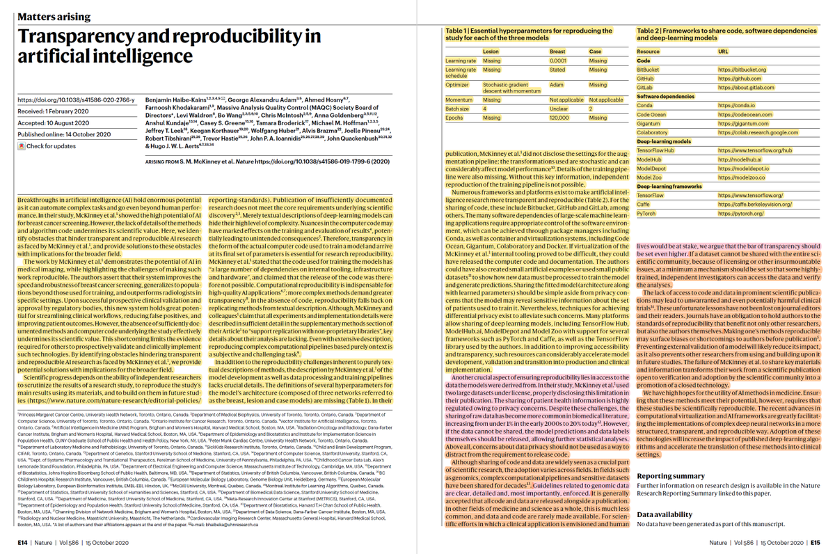 3/New is the  @GoogleHealth rebuttal, which I'll discuss next. But first let's look at our letter. Roughly, I've highlighted in yellow parts discussing problems with insufficiently described methods and lack of code. Pink is parts about lack of data sharing. Orange discusses both.