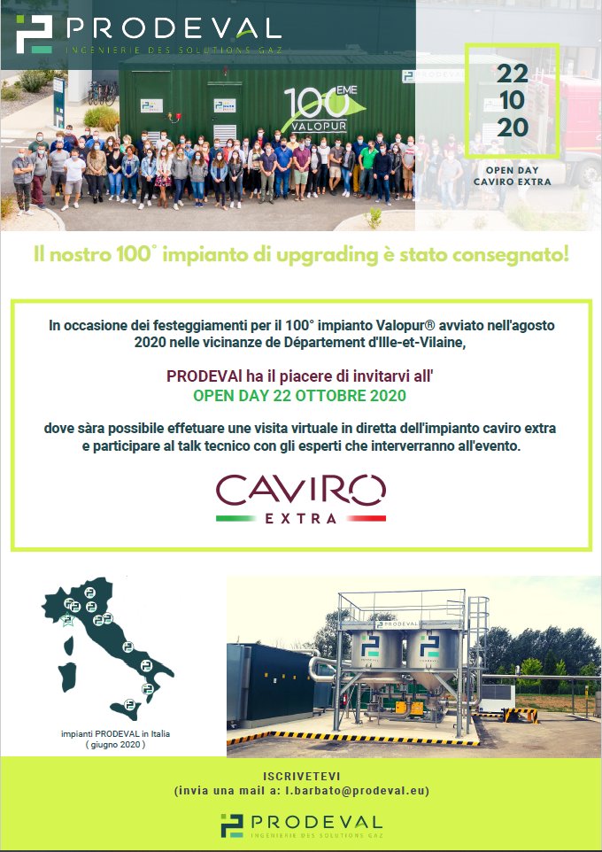 Prodeval_biogas's tweet photo. 🇮🇹 #Prodeval ha il piacere di invitarvi all' #OpenDay
📅22/10/2020 - 11.30 👉#visita #virtuale in diretta dell'impianto #CAVIROextra e talk tecnico con gli esperti.
👥iscrizioni: mail a l.barbato@prodeval.eu
@consorziobiogas #biogas #biometano #Valopur https://t.co/1kRSUhOsim