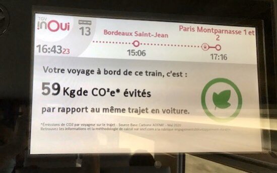 Une nouveauté sur les écrans de nos <a href="/TGVINOUI/">TGV INOUI</a> : vous informer sur les émissions de CO2e évitées grâce à votre choix du train vs voiture. En moyenne 50 fois moins quand même... #planete #green