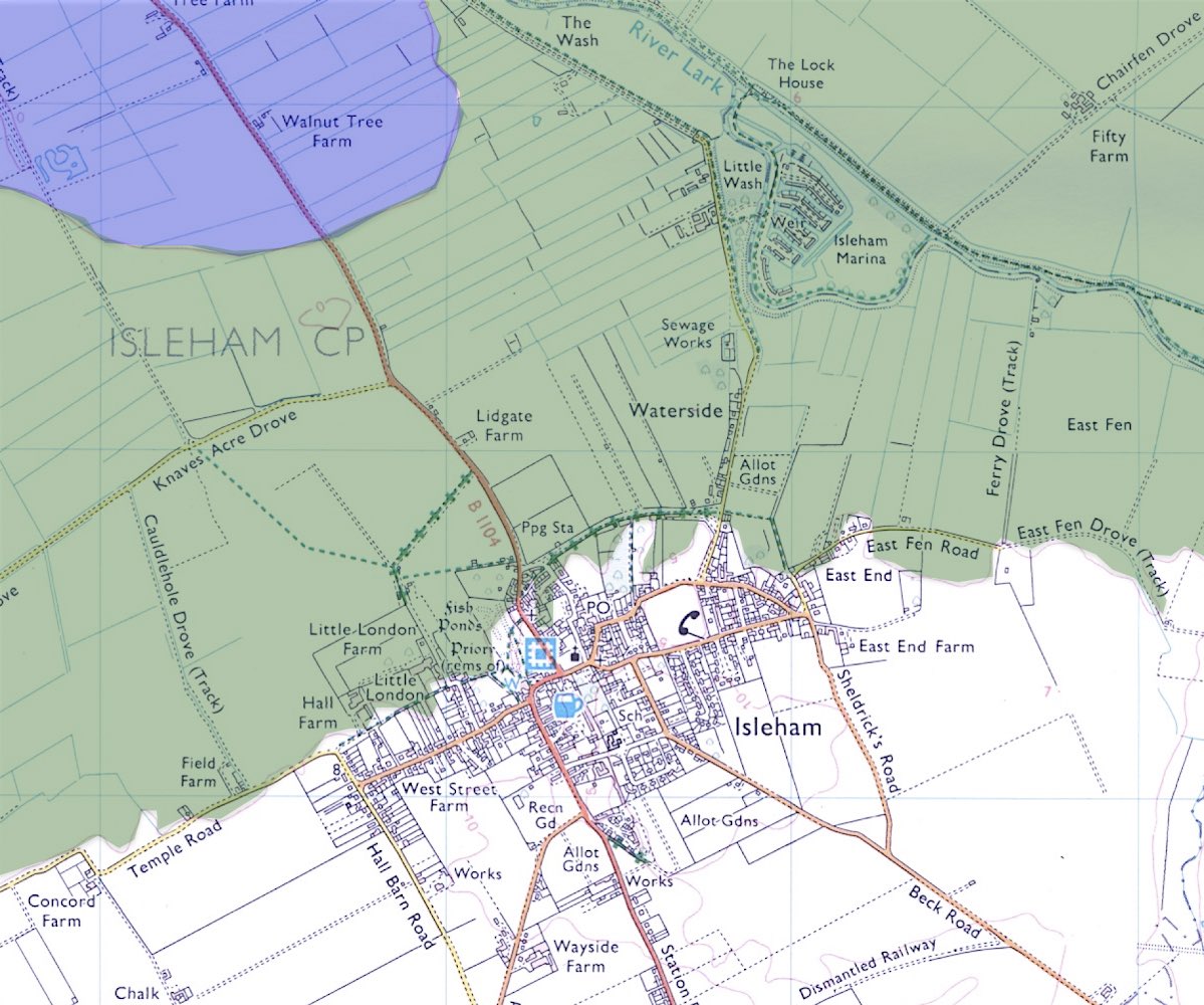 15. I went home and played with maps. Here’s the modern OS map of Isleham - you can see the Priory & Waterside on it. Land that was flooded in winter is coloured in green - it lay between sea level and about 5m above see level. You can see how the village follows it.