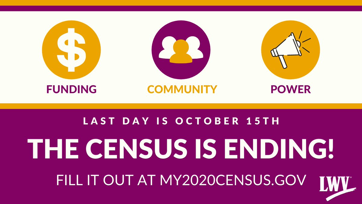 LWVNJ's tweet photo. Last night, the US Supreme Court granted an emergency request from the Trump administration, allowing it to rush the 2020 #Census count to an early close. This is a disappointing decision to end the count early.
The Census ends October 15 so #FillitOut now! https://t.co/orR2nO2Qs2
