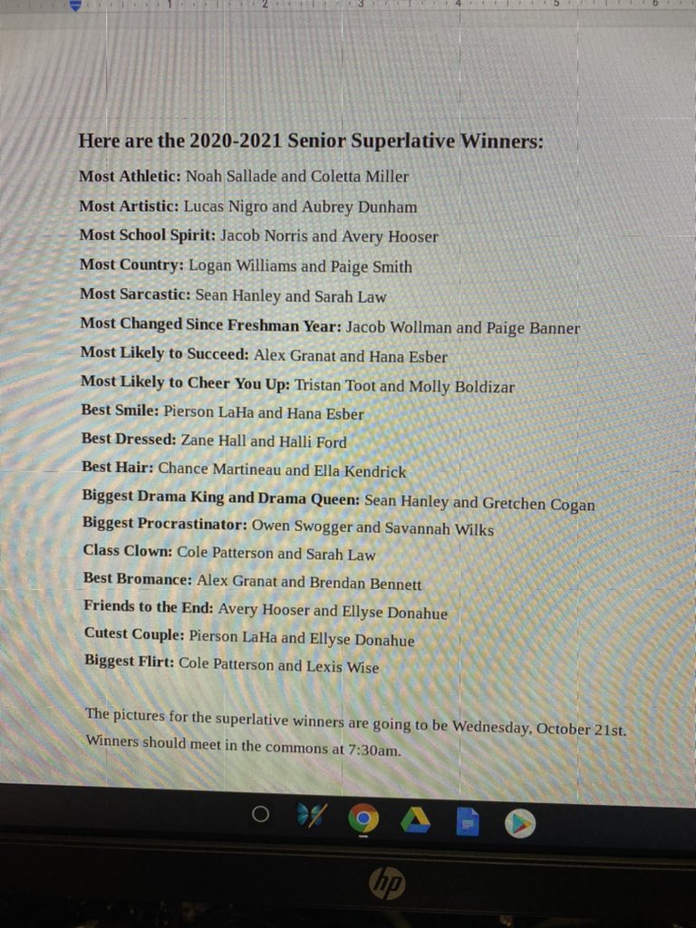 Here are the winners of the senior personalities!! The pictures will be taken Wednesday, October 21st at 7:30am!