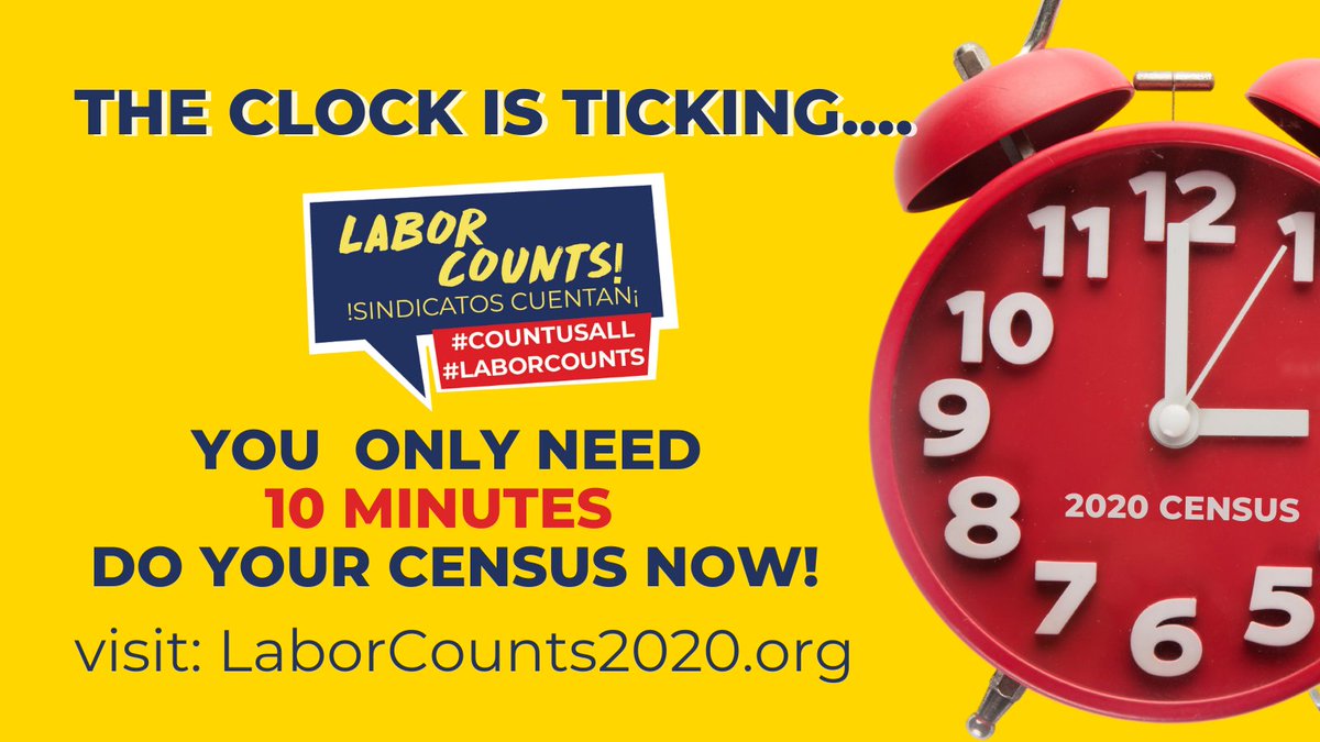 CentralLaborNYC's tweet photo. The clock is ticking on the #2020Census! We've only got until this Fri, Oct 16 at 6AM to make sure they #CountUsAll. Visit https://t.co/b2zOFN60Dl and fill out your Census today!  #LaborCounts https://t.co/gke9uJdWcs