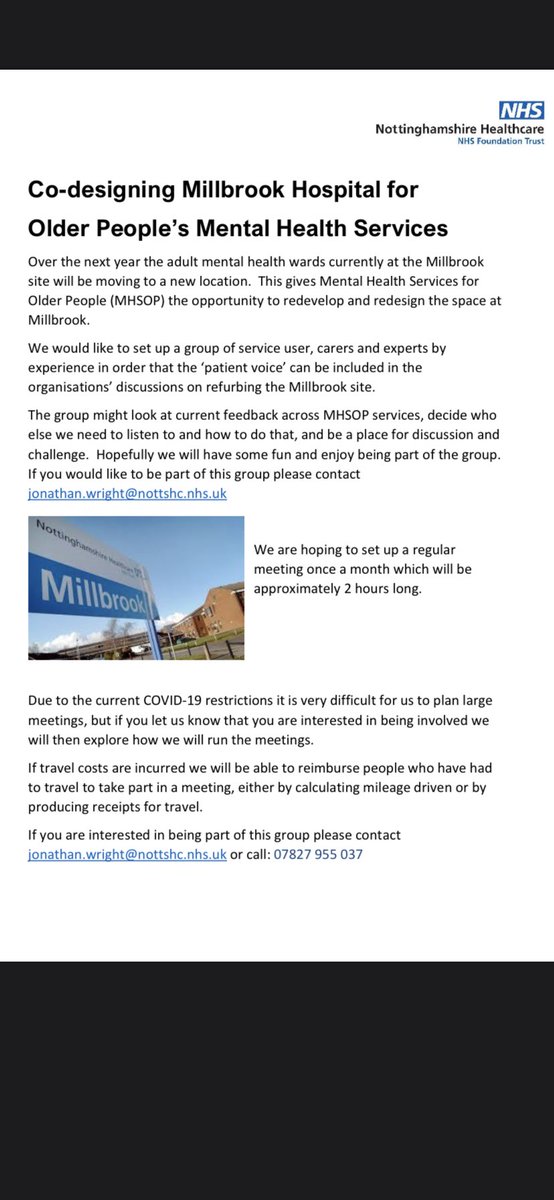 If you are a service user or carer with experience of older peoples services and would like to be part of co-designing older peoples mental health inpatient services at Millbrook please see the poster for details  <a href="/NottsHealthcare/">Nottinghamshire Healthcare</a> <a href="/InvolveNottsHC/">InvolveNottsHC</a> @EmmaHutton1 <a href="/TessJMcGrath/">Teresa Burgin</a>